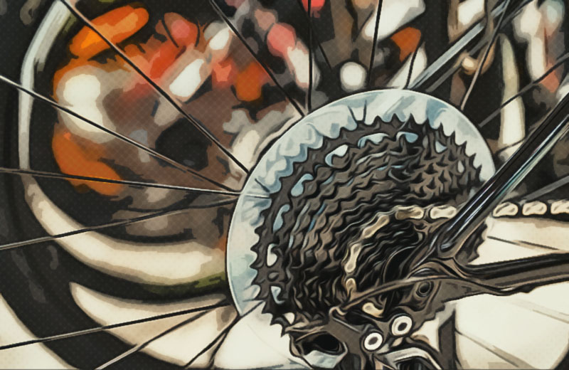 Artistic rendering of a closeup of a back gear wheel on a 10 speed bike
