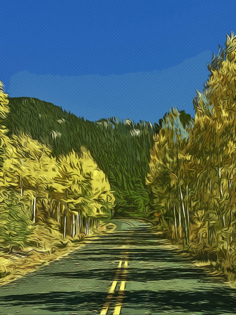 Looking down a two lane road in the fall in Colorado. Yellow aspens line the road.